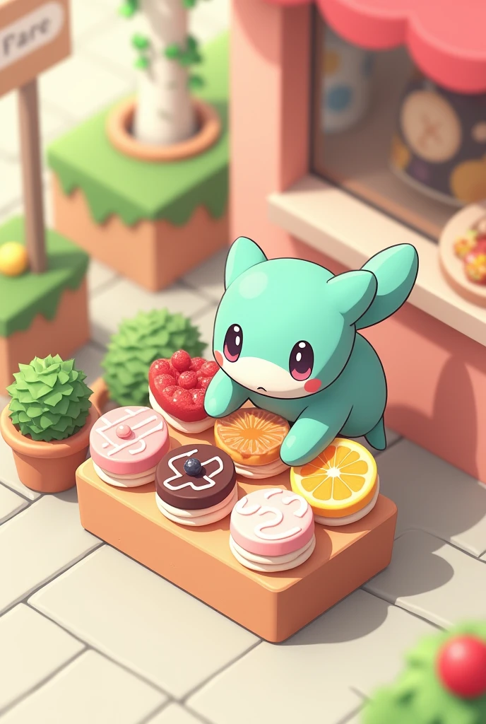(masterpiece:1.2, Highest quality,Ultra-high resolution,Super detailed),8k,(wallpaper),(Photorealistic:2.0),(Best illustrations:2.0),(Cute misty_pokemon chibi character buying at a cake shop:2.0),(Cake shopには様々Roll cakes made with various fruits are arranged in a square shape.,Cake shop,Very simple design),(isometric illustration:2.0)