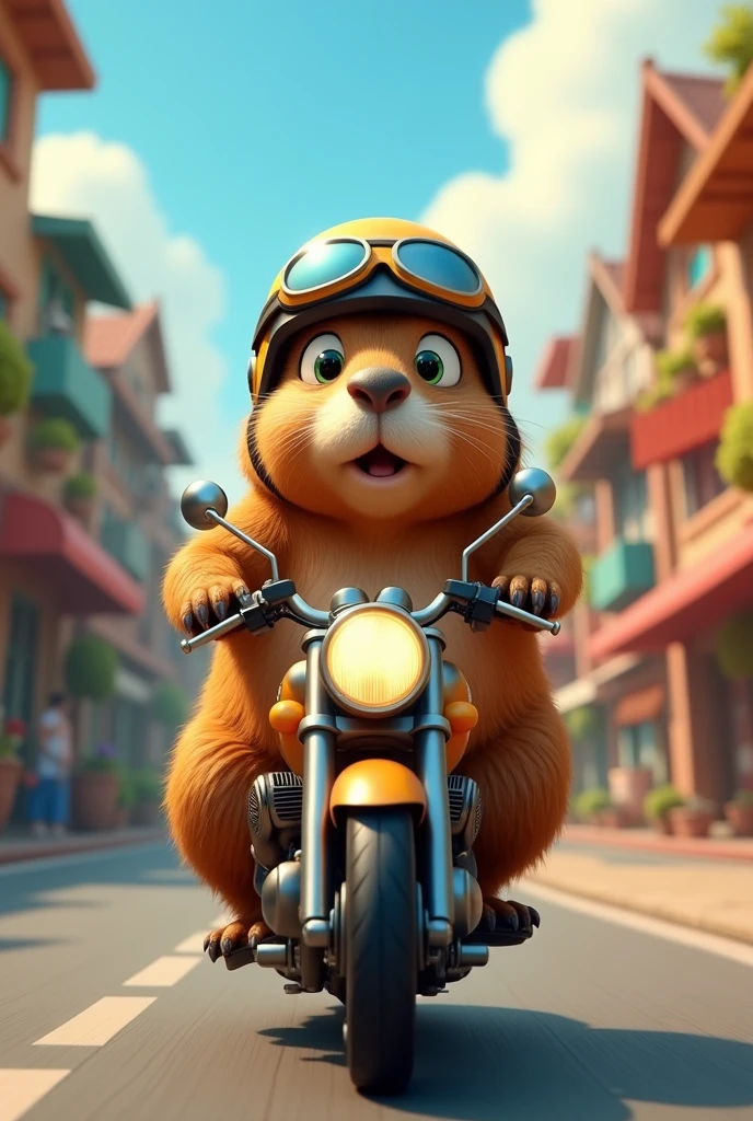 AN ANIMATED CAPYBARA RIDING A MOTORCYCLE BUT IT&#39;S CUTE
