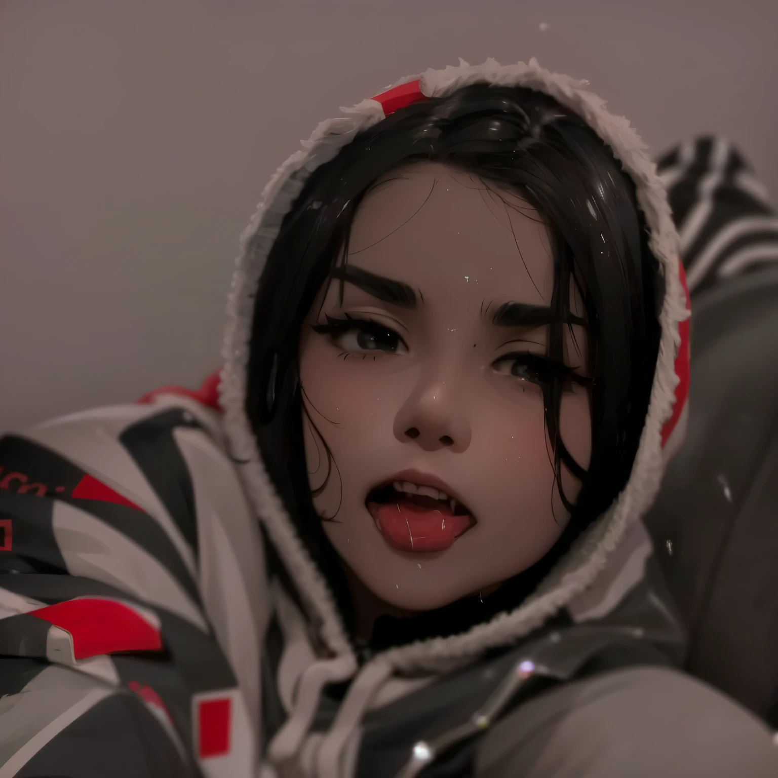 anime happy girl , Black hair, black eyes, white skin , Hoodie with its own hat , Lust and desire, tongue out of mouth, wet and sweaty body, open mouth, Hungry eyes