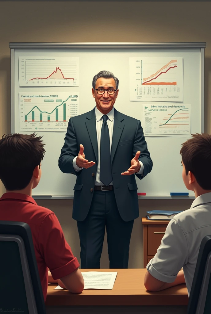Scene 2: The Importance of Financial Education:
Show a classroom-like environment where the Rich Dad is teaching young Robert Kiyosaki. Rich Dad stands in front of a whiteboard with financial diagrams, like cash flow charts or asset and liability columns. Robert and his friend are sitting at desks, attentively listening, with curious and thoughtful expressions.