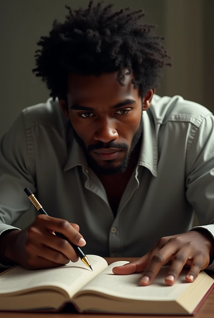 create the image of a 1 black man writing, hollow and thoughtful, with the mouth slightly open or with an expression of intense concentration. with slightly thick hair , from 70 to 80 kg
