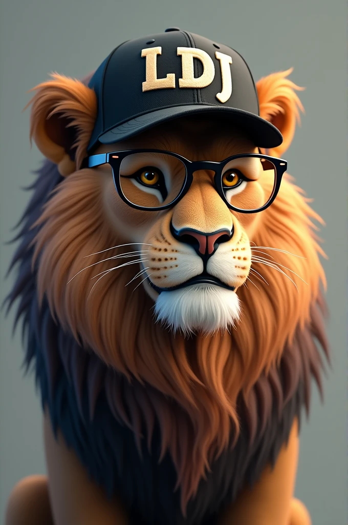 A lion with glasses and a cap with a grey background and a logo on the cap with the letters ldj