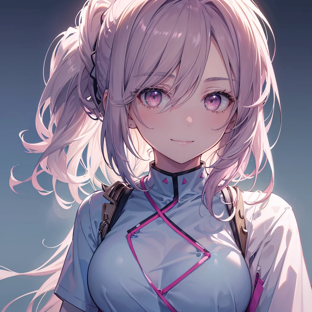 wear scrub, pale blue scrub clothing, 
a beautiful detailed portrait of a shoulder length hair nurse aide, ponytail, no hat, large breasts, in an anime style, high resolution, photorealistic, dramatic chiaroscuro lighting, intricate details, piercing gaze, ominous aura, beautiful brown eyes, sharp facial features, strong presence, pink eyes, smile, Background White,