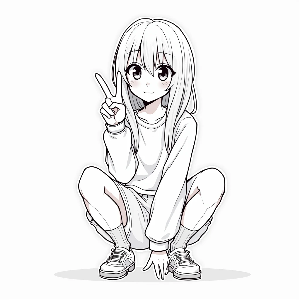 Line art anime woman squat peace sign