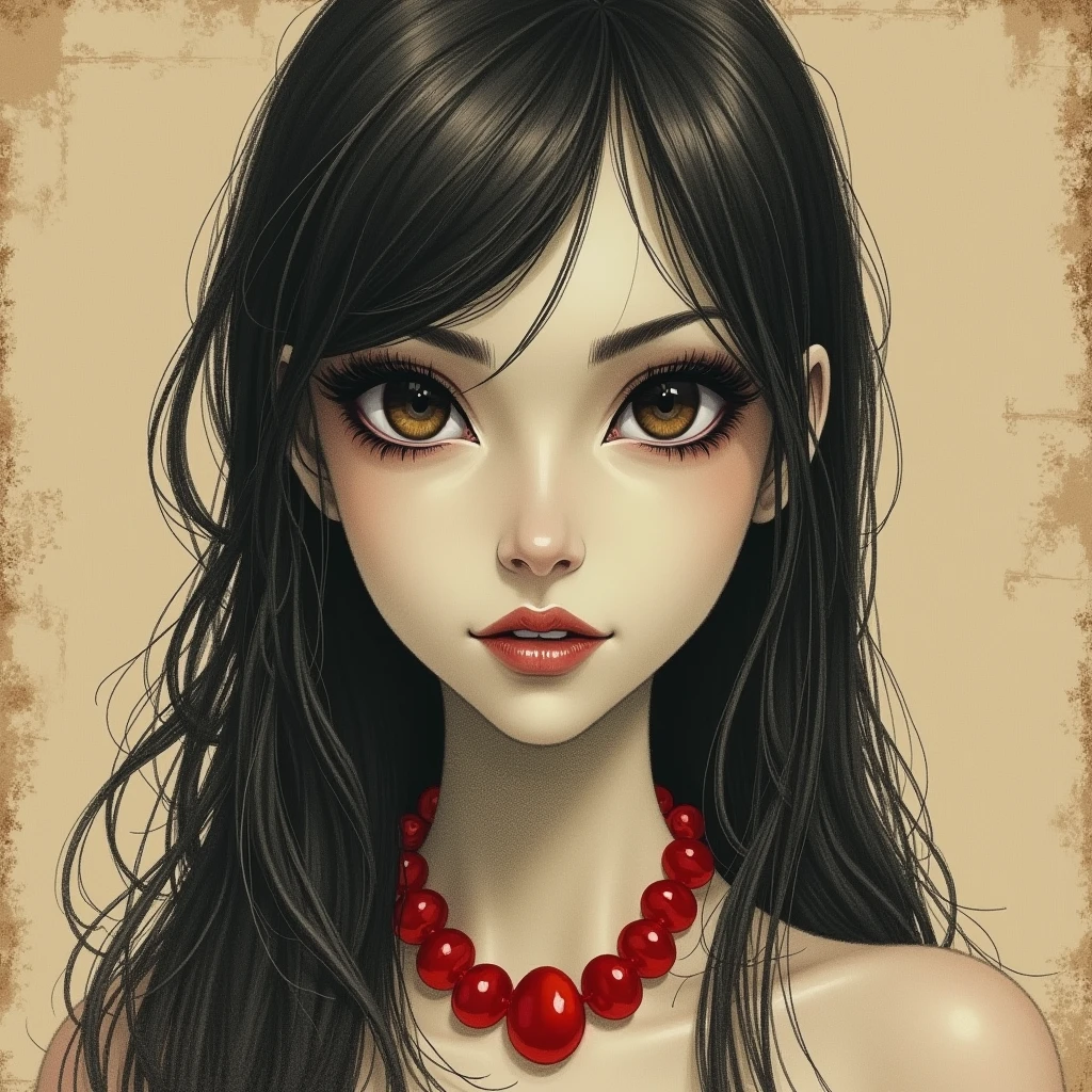 A pencil drawing of a captivating female face with long, dark hair. She has deep-set, dark brown eyes and wears a red necklace. The background is a beige wall with a few holes. The overall image has a vintage feel.