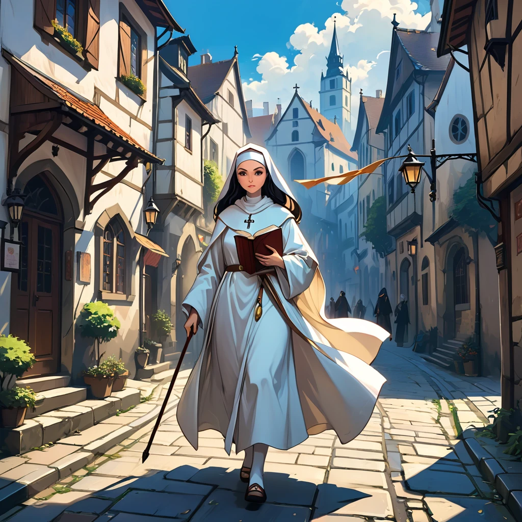 Medieval Europe，During the day，A nun in white monastic robes，Holding a short staff，A book hangs on the belt，Strolling the city streets。Mid-ground composition，Anime style，Game illustration style，Magic style，Suitable for card illustrations。