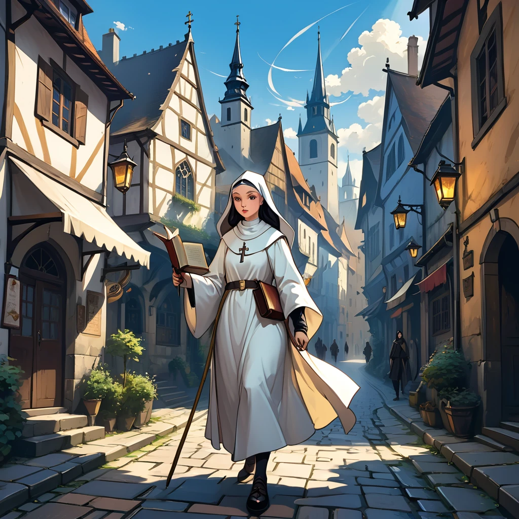 Medieval Europe，During the day，A nun in white monastic robes，Holding a short staff，A book hangs on the belt，Strolling the city streets。Mid-ground composition，Anime style，Game illustration style，Magic style，Suitable for card illustrations。