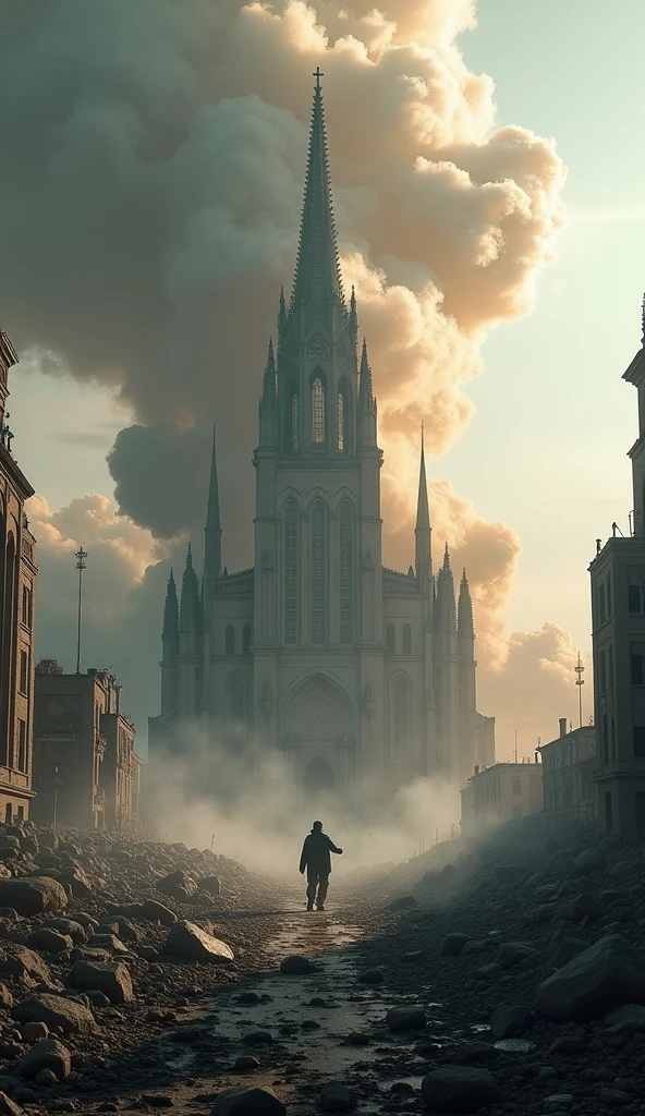 bomb destroying city, everything is destroyed, but only one cathedral is standing. image from afar.