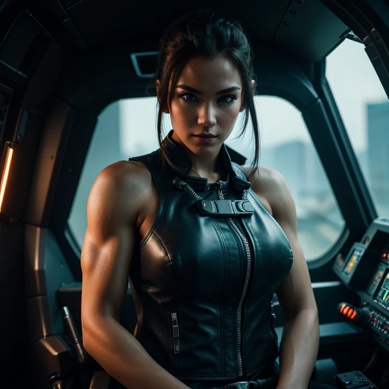 masterpiece,High definition photos,8k,dynamic,Detailed skin,Detailed eyes,Sit in the cockpit of a sci-fi fighter jet,frontから上半身を撮影, White women, Age 25, front, Look into the camera, Muscular, tits, (Sharp focus:1.2), One person, SF Harness, cyber punk, Leather Vest, (Vivid lighting:1.2), Depth of written boundary, Bokeh, High resolution.