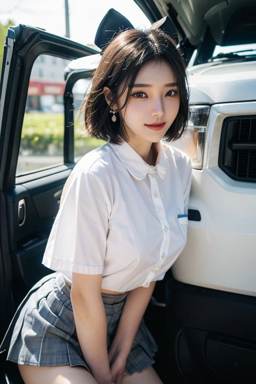 (2 Japanese girl,), (Small breasts:1.5,),(solo,,Textured skin, Detailed skin,Detailed face,Detailed eyes,detailed posing,Natural eyebrows,Sparkling Eyes,High detail, Highest quality, Super detailed, Surrealism, ,8k,RAW Photos,Photographicism,Professional Lighting,Portrait Photography,Soft Light),((Black Hair, Dark Eyes,Natural Makeup,Simple earrings, Bob Hair,ribbon,smile)),(((Miniskirt Police,Police Officer,Police car)))