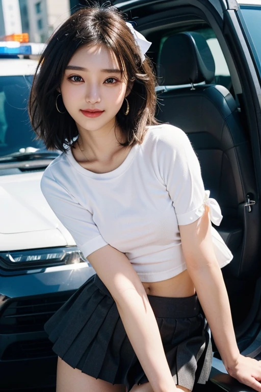 top-quality、hight resolution、ultra-detailliert、masterpiece、Raw photography、realisitic、Photorealsitic、extremely delicate and beautiful、finely detail、Textured skin、(in car)、2 people,man and woman、japanese、18year old both、(((woman wearing tight rib knit white blouse,half sleeve tops, Brown plaid skirt ,man is businessman wearing suits)))、woman upskirt and Showing pink panties,detailed panties,detailed frilled panties showing,(((the man sitting on car driver's seat and woman on the next sheet)))、tall、Brown hair、wavy hair,short hair,Wearing makeup、(Bare legs:1.5)、perfectly proportions,handjob
