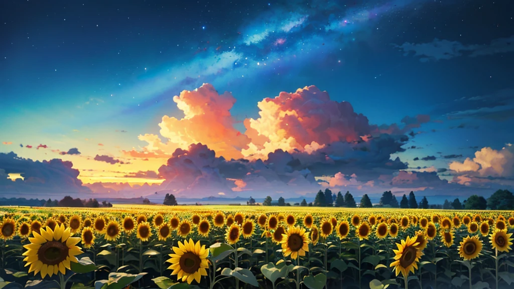 (masterpiece:1.4), (Highest quality:1.4), Very detailed, Complex, Super detailed, night、Starry Sky、Sunflower field、night空を見上げる女性、4K、8k
