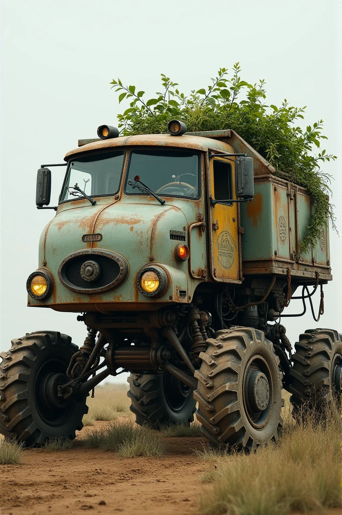 A robot car that can harvest and grow plants at the same time is big and looks old.