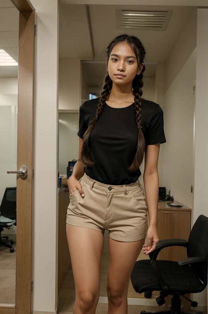 A beautiful young girl of twenty-two years old, tall, long-legged, her hair is fringe and braided, comes from Indonesia, wearing work clothes to the office, yes he was standing with his legs apart in front of his office,