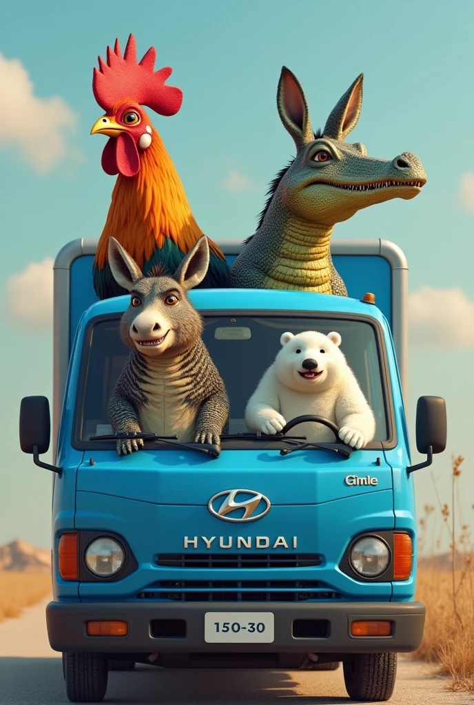 gallo, Crocodile, Donkey and a polar bear in a blue Hyundai Porter truck