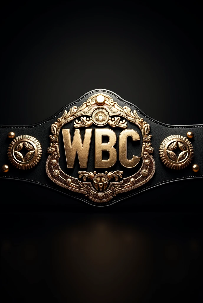a champion boxing belt with the text "WBC" on a black background, gold and silver metal textures, high quality, detailed, hyperrealistic, photorealistic, intricate details, studio lighting, 8k, masterpiece