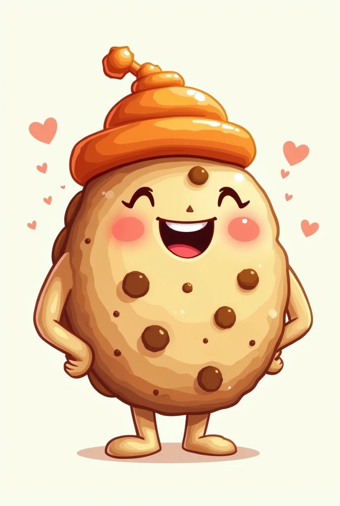 Cute happy little cookie drawn with strong arms and a little orange hat