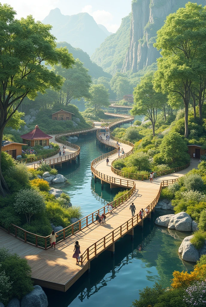 ecological park with ticket office, resturant, bathroom stores and bridges, circular