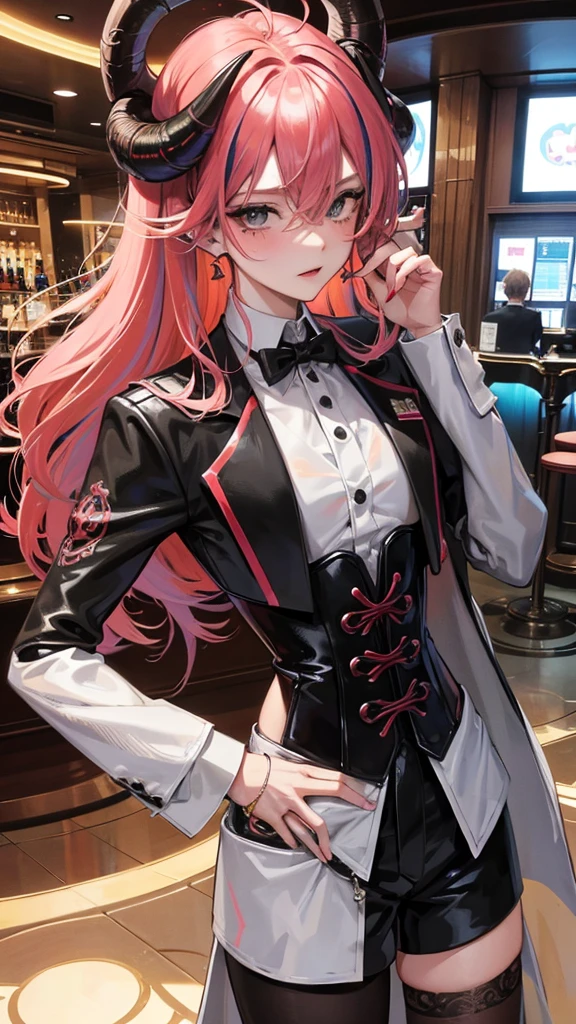 1 boy, anime, high quality, intricate details, futuristic, androgynous, casino setting, elegant, suit, messy hair, bangs covering one eye, pastel red hair, corset, effeminate, shy expression, blushing, black eyes, ram horns, moles, multicoloured hair, bar, curvy, flat chest, elegant suit, jewelry, moles