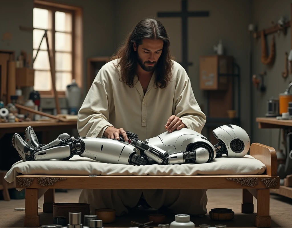 We need an image in which Jesus is building a robot and that robot is lying on a cot.