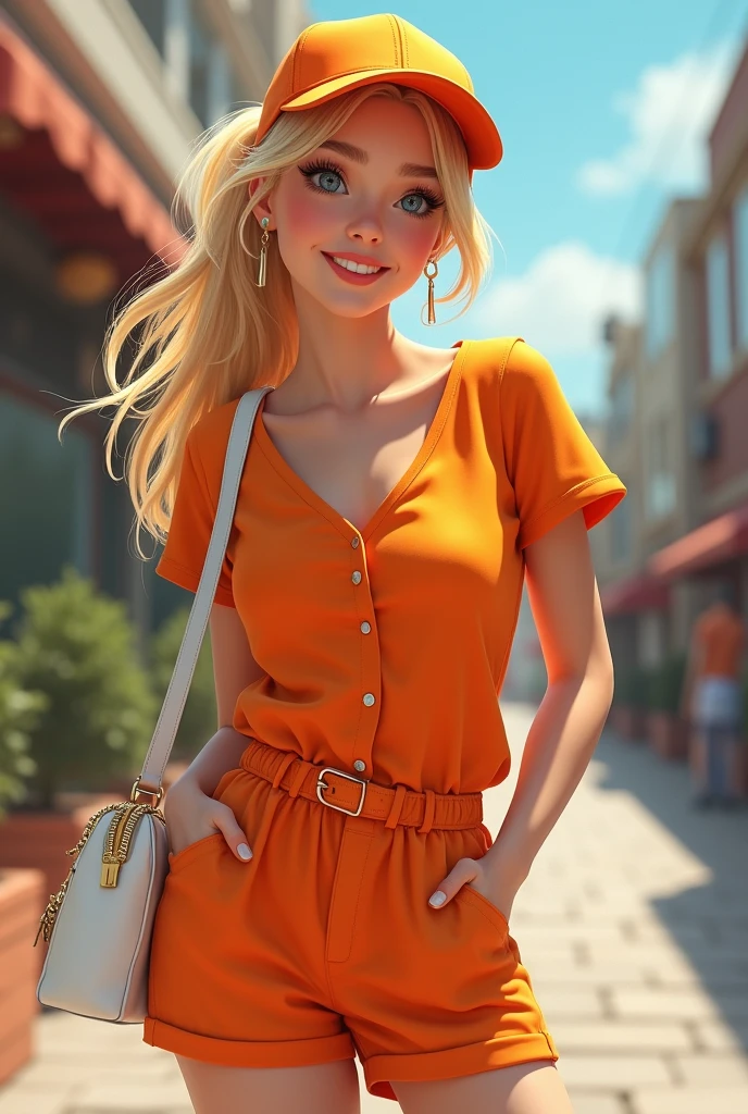 Female character blonde hair with a ponytail an orange cap a white purse an orange blouse with sleeves and short orange shorts