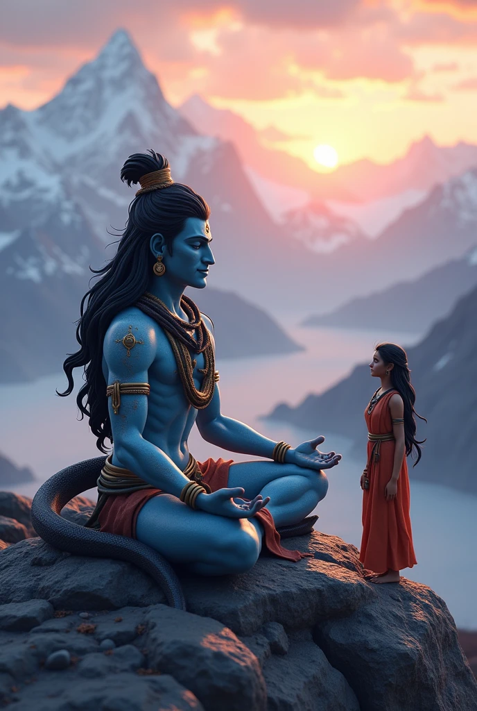 In cinematic 3d cartoon style. महादेव शिव का एक ध्यानमग्न स्वरूप दिखाएं, जहां वे कैलाश पर्वत पर ध्यान करते हुए बैठे हैं। उनके माथे पर तीसरा नेत्र चमक रहा है और उनके गले में एक नाग लिपटा हुआ है। शिव का शरीर भस्म से सजा हुआ है। पास में माता पार्वती खड़ी हैं, जो प्यार और सम्मान से शिव की ओर देख रही हैं। उनके चारों ओर हिमालय की ऊंची पर्वत श्रृंखला और नीचे गहरी घाटियाँ दिखाई दें। आकाश में हल्के बादल और शिव के पीछे चमकता हुआ सूर्यास्त का दृश्य हो, जो इस दृश्य को रहस्यमय और दिव्यता का आभास कराता हो।