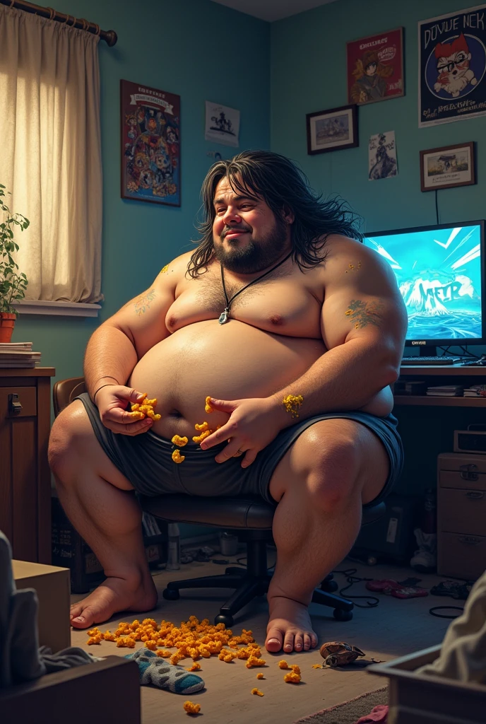 Make a 40 year old morbidly obese man who has his hands full of cheetos who is all greasy who plays league pd legends who has a black neck who has his room full of anime posters who is called chok But who is playing ay that is also full of pizza boxes his room And that his room is full of socks and dirty clothes and that his room is dirty he does not wear a shirt And that he is from real life very realistic And he is from the United States with his hair a little long and that he is sitting but has no gray hair