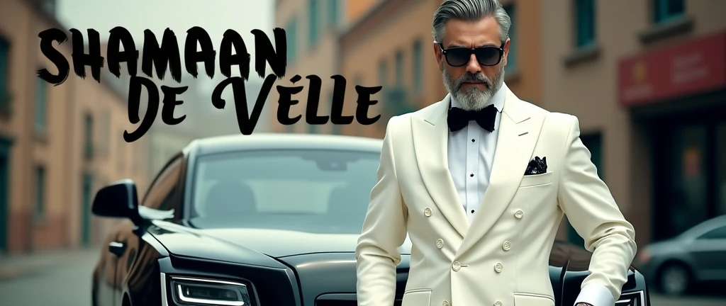 A stylish man with a graying beard and slicked-back hair wearing a white double-breasted suit with a black bow tie and sunglasses. He is confidently holding a cigarette in one hand and standing in front of a luxury black car. The background is a blurred urban setting. The text at the top reads 'SHAMAAN DE VELE' in bold, modern font, and the bottom text reads 'YO YO HONEY SINGH • LEO GREWAL' with 'GLORY' underneath in smaller fon