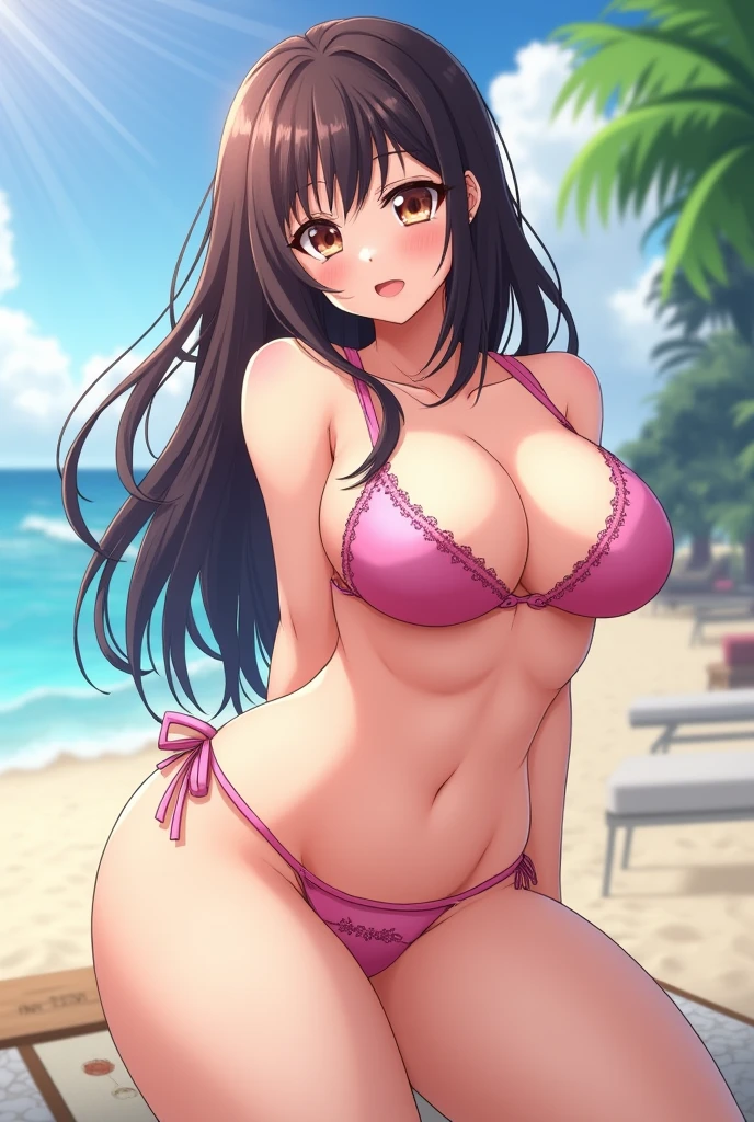 in anime :a girl in a sexy bikini with big tits and ass without the bra 