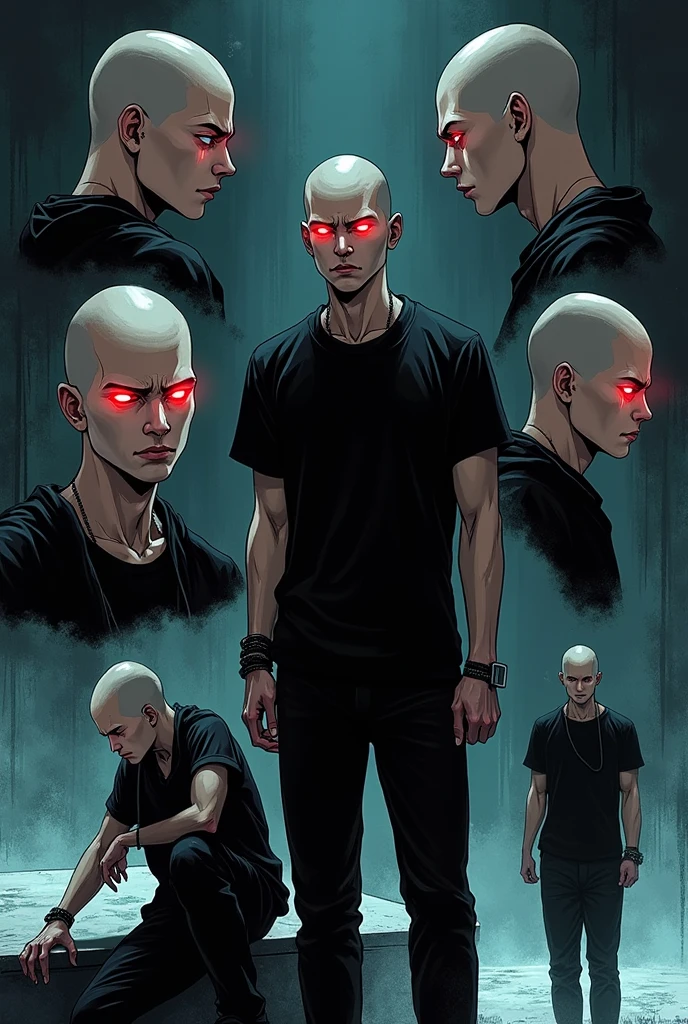 Manhwa comic page with multiple scenes, kor: 22 years Appearance: tall and slim, but surprisingly strong, has his head shaved, without even a strand of hair.enhances your intense red eyes, that seem to penetrate the soul of those who look at them.outfit: Always dressed in black from head to toe, he wears sneakers, pants and short sleeve shirt that perfectly match your Brazilian Manhwa style, giving it an enigmatic and intimidating air.
