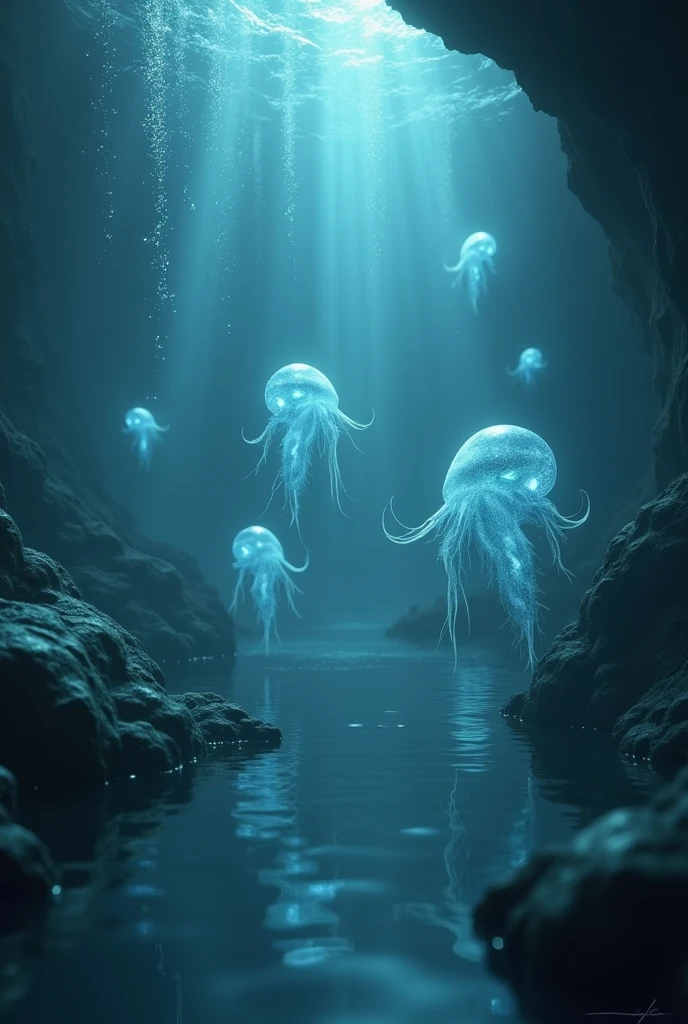 "Create a mystical underwater scene with faintly glowing lights and bubbles. Overlay text: 'Kya Jalpariya sach me hoti hai' in a bold, enchanting font."
