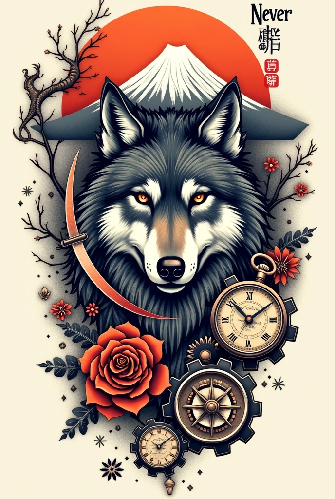 Tatouage Loup +lune +mont fuji+dragon avec katana+rose des vents+montre a gousset+etrier de frein de voiture de sport avec sa jante+shaker et cocktail+never give up +tout les element relié par des engrenage