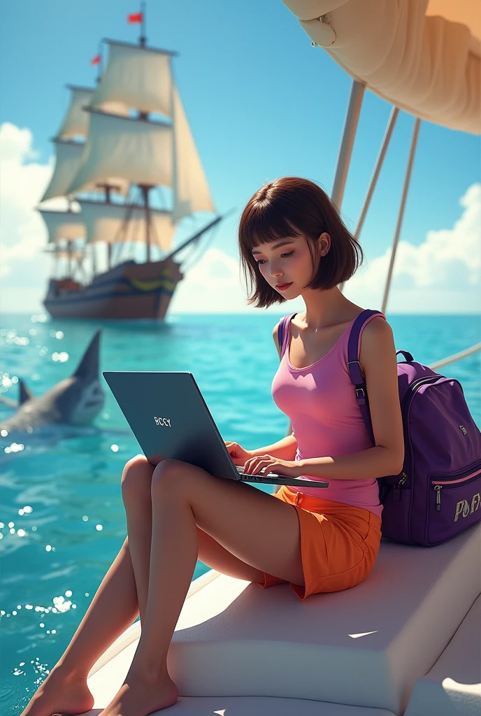 Sexy woman, sitting on boat, floating in the ocean, playing Acer computer, wearing pink top, orange short, purple bag pack , short bang brown hair, pirate ship and shark in background, sunlight, realistic, intricate details