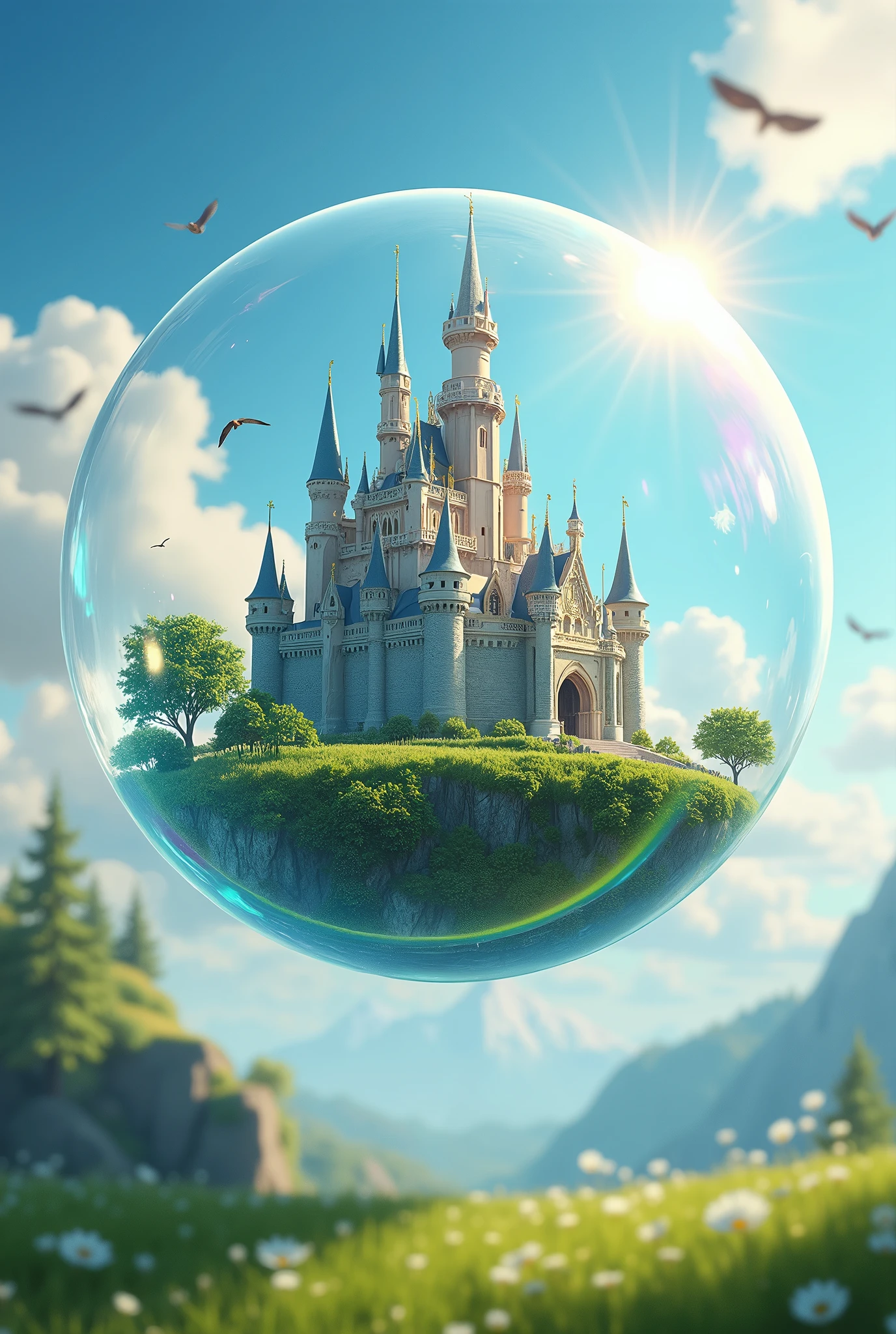 Masterpiece, Ultra-Detailed, High Definition, HDR, Cinematic Lighting, Surreal Fantasy Scene. A delicate bubble floating in the air, inside which lies a beautifully detailed, grand castle with soaring towers and intricate architecture. The castle appears ethereal and slightly translucent, as if it’s part of the bubble itself. The bubble reflects the vibrant colors of its surroundings, with soft rainbows shimmering across its surface. Sunlight beams through the bubble, casting a radiant glow over the castle. The background is a bright, clear sky with fluffy clouds, birds soaring, and lush green meadows below. The entire scene is bathed in a magical, dreamlike light, blending the enchantment of the fantasy castle with the fragile beauty of the bubble, creating a serene yet fantastical atmosphere,