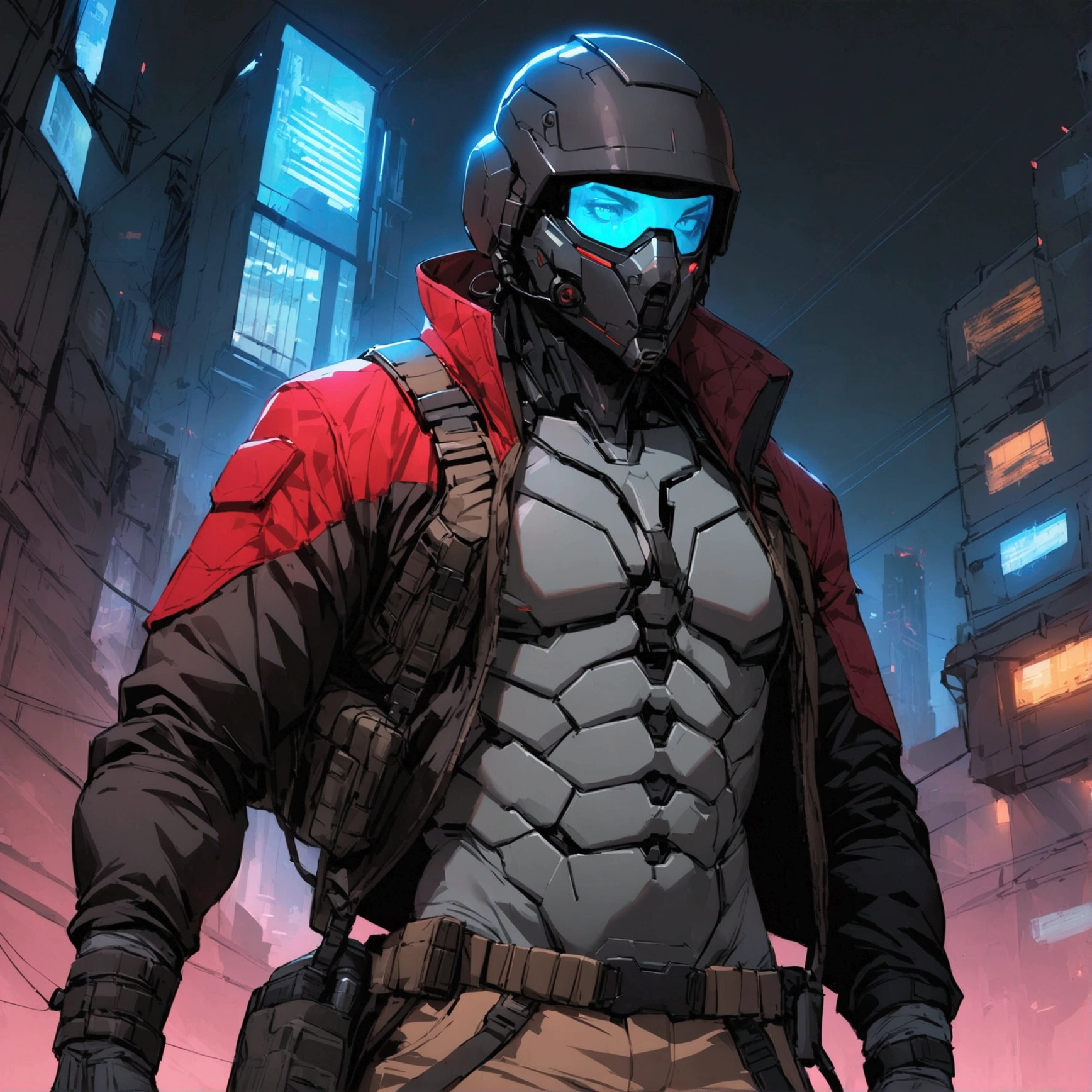 high detailed, Male, full-face helmet. matte black helmet with a smooth, curved surface, plain helmet, grey bodysuit tight shirt. webbing rig, Dark brown cargo pants, V shaped lenses. Black Jacket, Black and red jacket, Open jacket. Halfbody view, mercenary, black jacket, cyberpunk, tactical soldier, webbing rig, Cyberpunk, tactical gear, cyberpunk, Male, Man, Masculine man