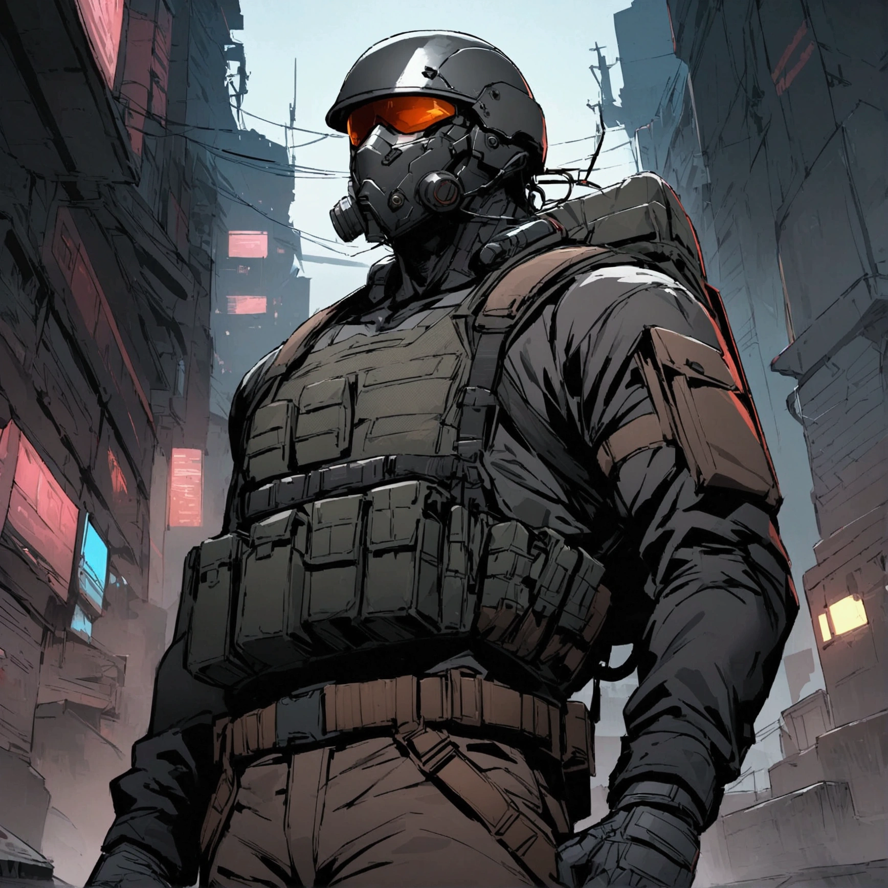 high detailed, Male, full-face helmet. matte black helmet with a smooth, curved surface, plain helmet, grey bodysuit tight shirt. webbing rig, Dark brown cargo pants, V shaped lenses. Black Jacket, Black and red jacket, Open jacket. Halfbody view, mercenary, black jacket, cyberpunk, tactical soldier, webbing rig, Cyberpunk, tactical gear, cyberpunk, Male, Man, Masculine man