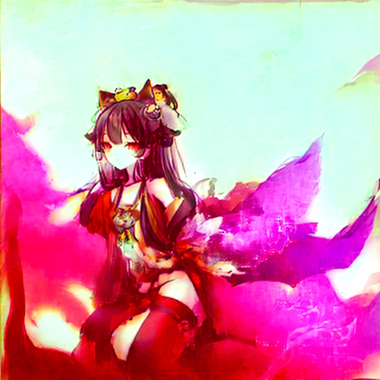 ((4K, masterpiece, best quality)), ink painting, traditional Chinese ink painting, lotus, han dress, maxi kit, modest outfit single girl, solo, gray hair, long hair, fox ears, Caucasian, Bikini, Fish, lots of fish nearby, Look at the beholder, Tease