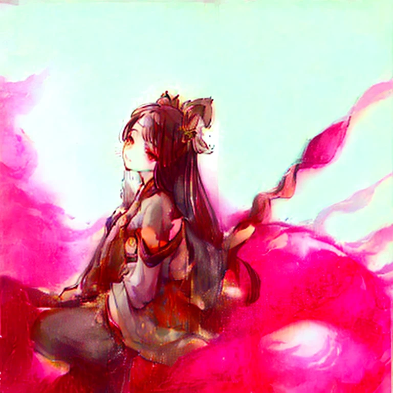 ((4K, masterpiece, best quality)), ink painting, traditional Chinese ink painting, lotus, han dress, maxi kit, modest outfit single girl, solo, gray hair, long hair, fox ears, Caucasian, Bikini, Fish, lots of fish nearby, Look at the beholder, Tease