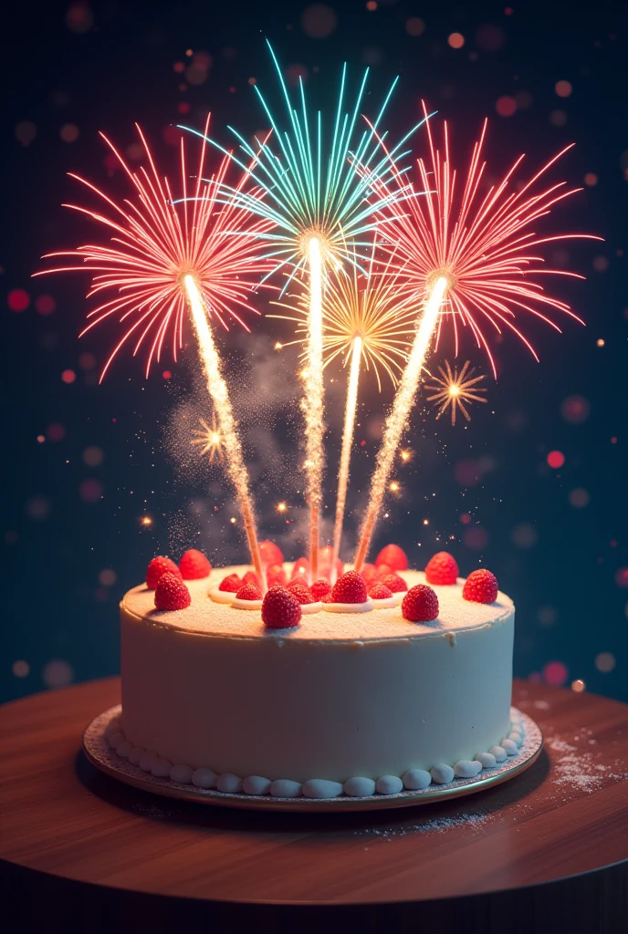 I want the image of a simple cake with the theme of fireworks, but let the fireworks be decorations of rockets and flares