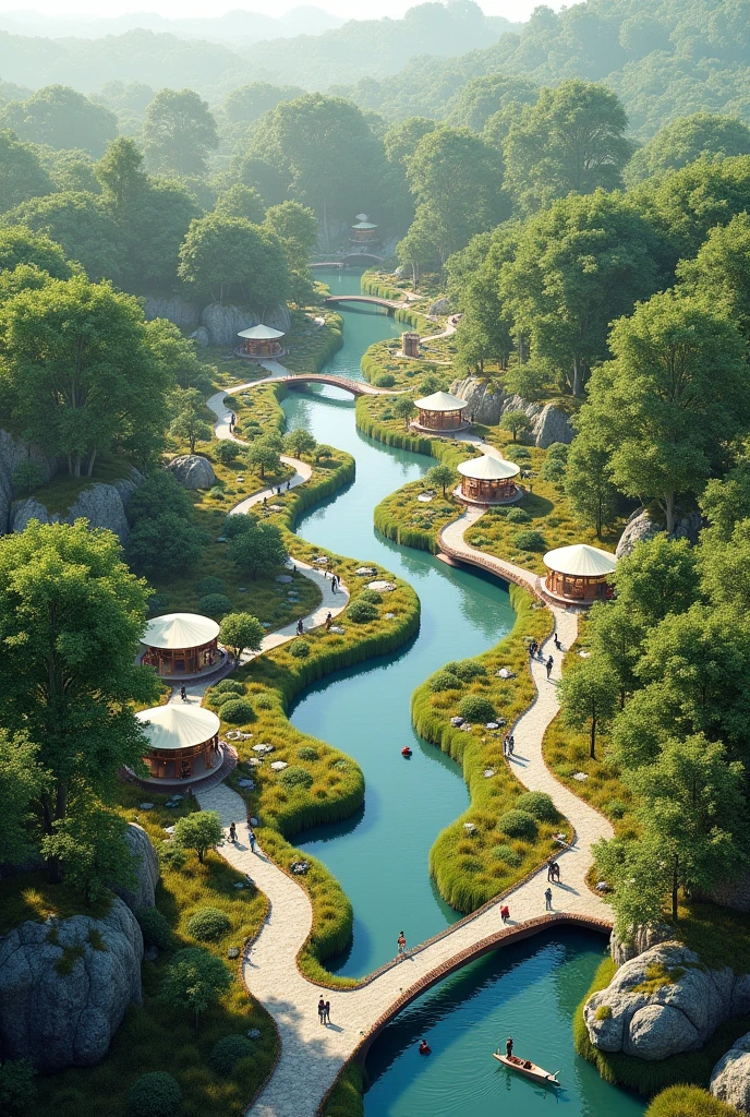 ecological park with ticket office, resturant, bathroom stores and bridges, circular