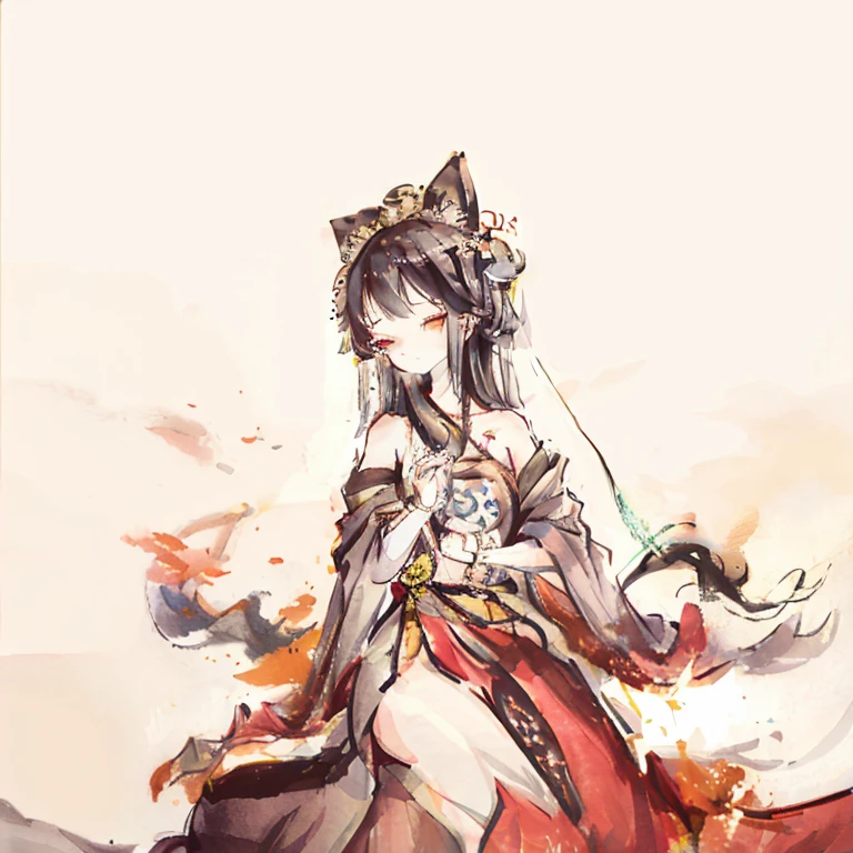 ((4K, masterpiece, best quality)), ink painting, traditional Chinese ink painting, lotus, han dress, maxi kit, modest outfit single girl, solo, gray hair, long hair, fox ears, Caucasian, Bikini, Fish, lots of fish nearby, Look at the beholder, Tease