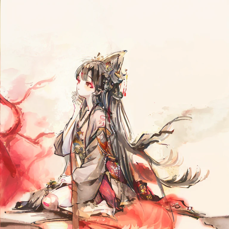 ((4K, masterpiece, best quality)), ink painting, traditional Chinese ink painting, lotus, han dress, maxi kit, modest outfit single girl, solo, gray hair, long hair, fox ears, Caucasian, Bikini, Fish, lots of fish nearby, Look at the beholder, Tease