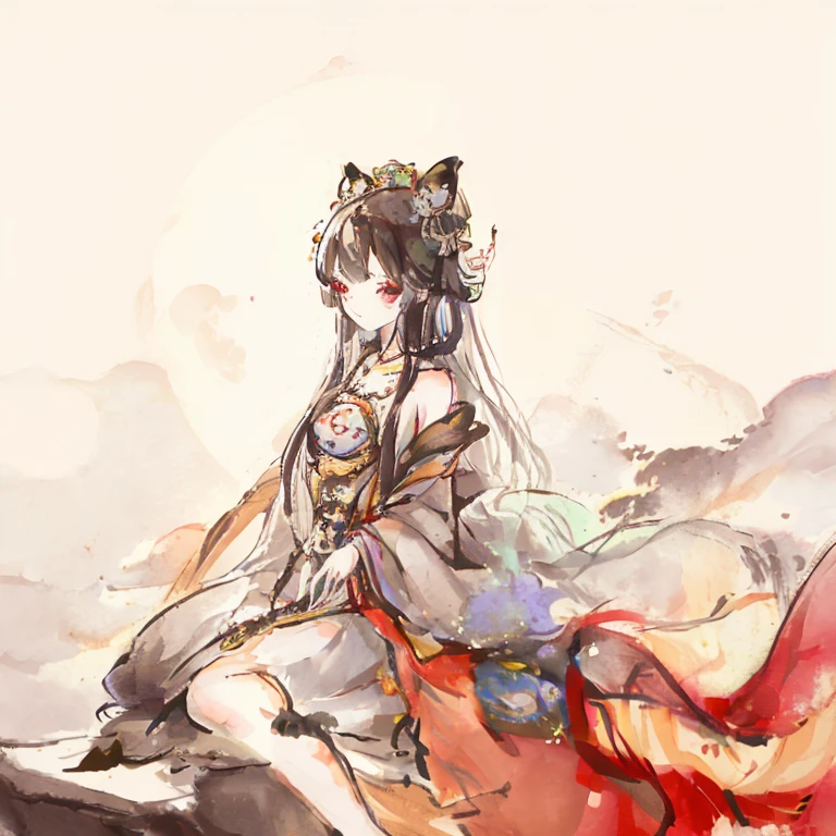 ((4K, masterpiece, best quality)), ink painting, traditional Chinese ink painting, lotus, han dress, maxi kit, modest outfit single girl, solo, gray hair, long hair, fox ears, Caucasian, Bikini, Fish, lots of fish nearby, Look at the beholder, Tease