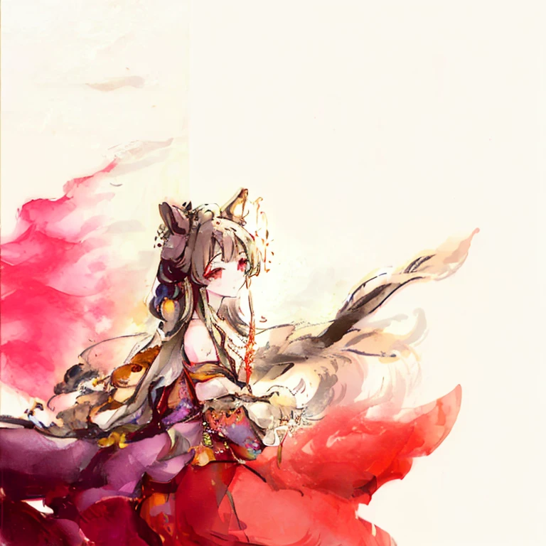 ((4K, masterpiece, best quality)), ink painting, traditional Chinese ink painting, lotus, han dress, maxi kit, modest outfit single girl, solo, gray hair, long hair, fox ears, Caucasian, Bikini, Fish, lots of fish nearby, Look at the beholder, Tease