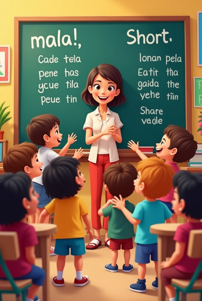 Generate an image for me of children in early education where their teacher is watching them classify all of them on the blackboard by long and short syllables in Spanish