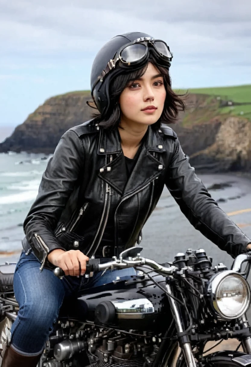 (クラシックRiding on motorcycle )、(Vintage Bikes、Bluff Superior SS100)、 (Riding on motorcycle:1.2), Beautiful young woman、1、Beautiful Face, Beautiful and delicate eyes, Black Hair, Short Bob Hair,  Classic Leather Jacket、Cromwell helmet with goggles、After the Rain、English countryside、 Coastal road with ocean view、Detailed Description、(Highest quality, masterpiece, High resolution)、8k、wallpaper
