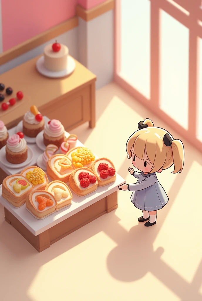 (masterpiece:1.2, Highest quality,Ultra-high resolution,Super detailed),8k,(wallpaper),(Photorealistic:2.0),(Best illustrations:2.0),(Cute misty chibi character buying at a cake shop:2.0),(Cake shopには様々Roll cakes made with various fruits are arranged in a square shape.,Cake shop,Very simple design),(isometric illustration:2.0)