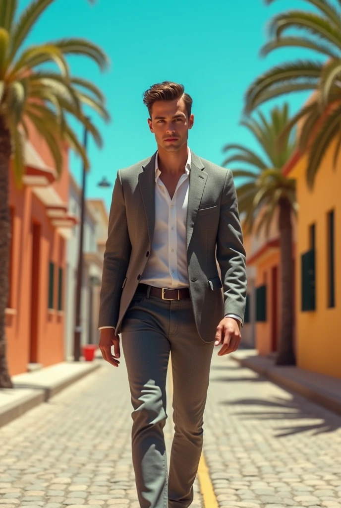 A handsome 2 man walks down a street in the Canary Islands, The young man walks alone and looks at the camera