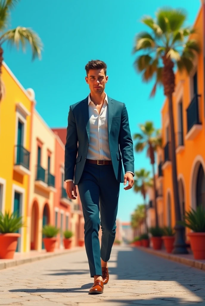 A handsome 2 man walks down a street in the Canary Islands, The young man walks alone and looks at the camera