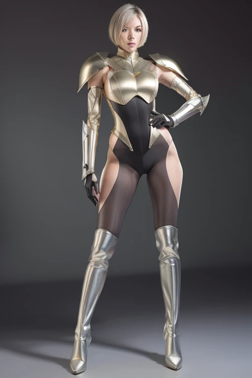 8k, High resolution, Ultimate realistic texture, Sharp texture, High resolution, Highest quality. Futuristic characters, whole body, thin, (The body is slim), Tall and healthy, short hair, Gray Hair, wear gold mecha armor, white body stocking, wear pants, boots, wear (Knee guard), gloves, Shoulder pads with cape. Perfectly set in the castle.